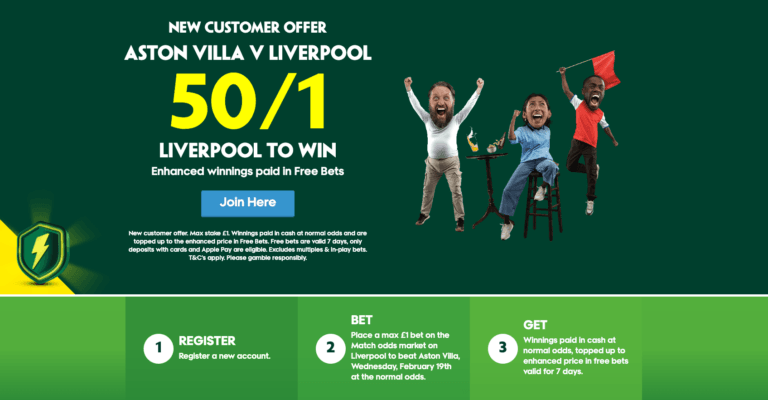 Paddy Power new Customer offer – Get 50/1 On Liverpool To Win vs Aston Villa